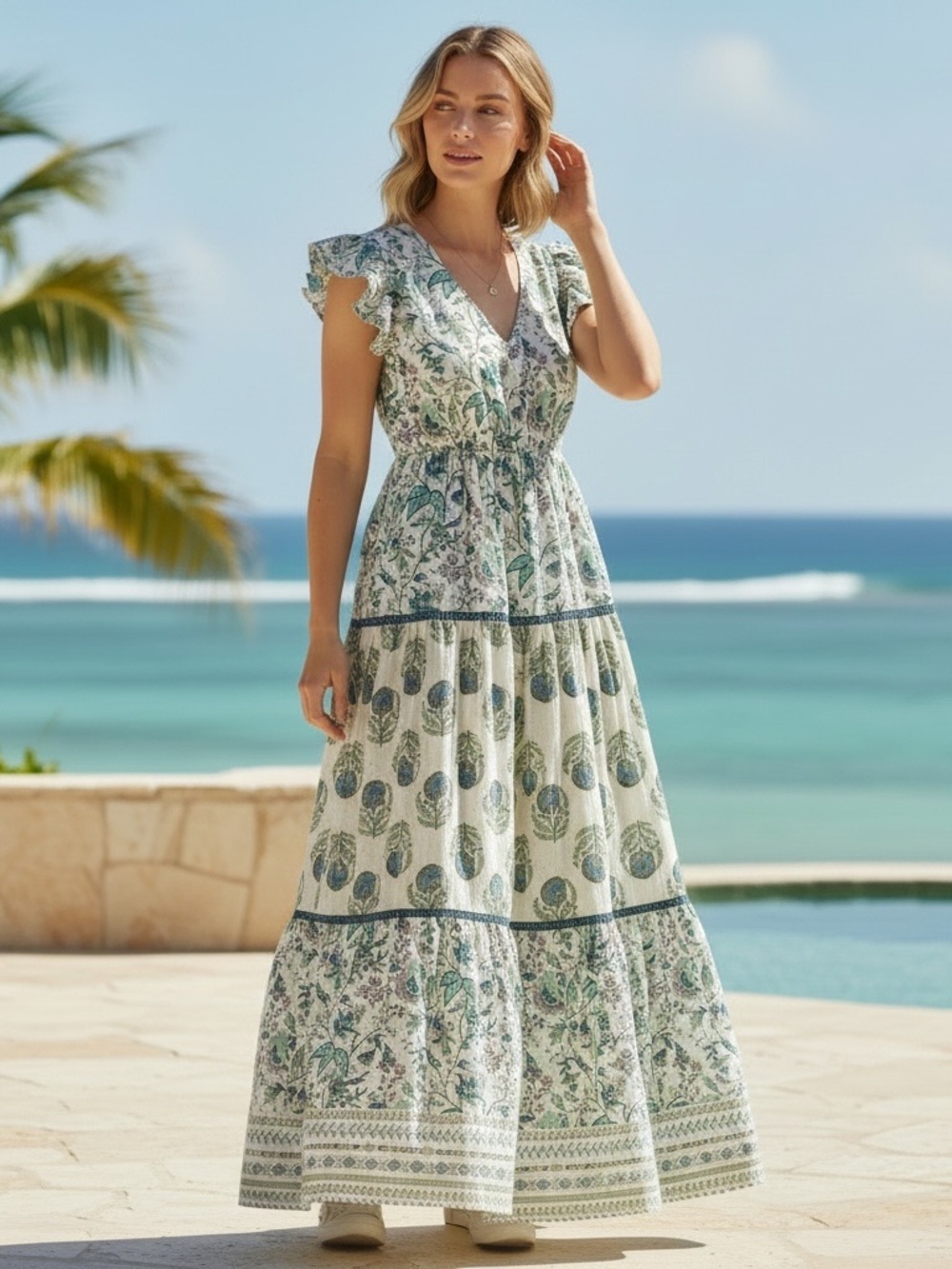 Garrie B Floral Tiered Maxi Dress Size L NWT